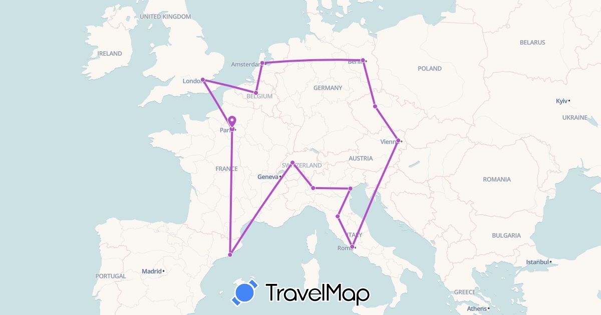 TravelMap itinerary: driving, train in Austria, Belgium, Switzerland, Czech Republic, Germany, Spain, France, United Kingdom, Italy, Netherlands (Europe)